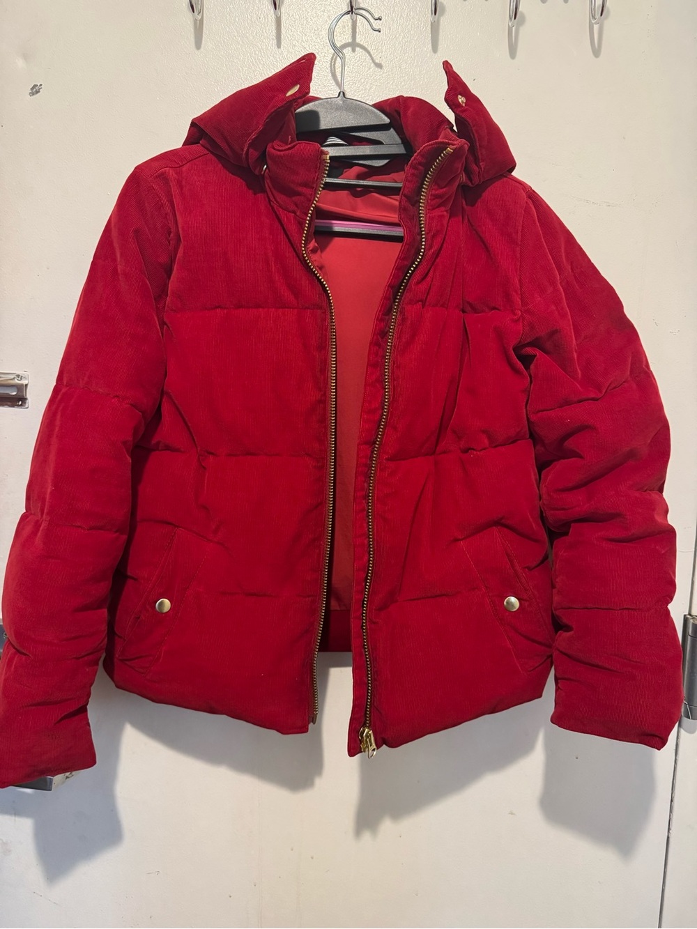 J. Crew Women's Bright Red Corduroy Puffer Jacket with Hood